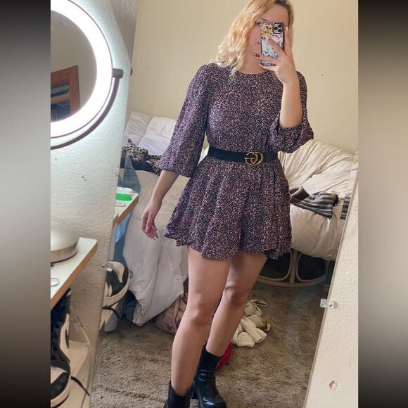 Zara black w/ pink florals flowy long sleeve puff sleeve mini dress bubble style - Picture 3 of 8